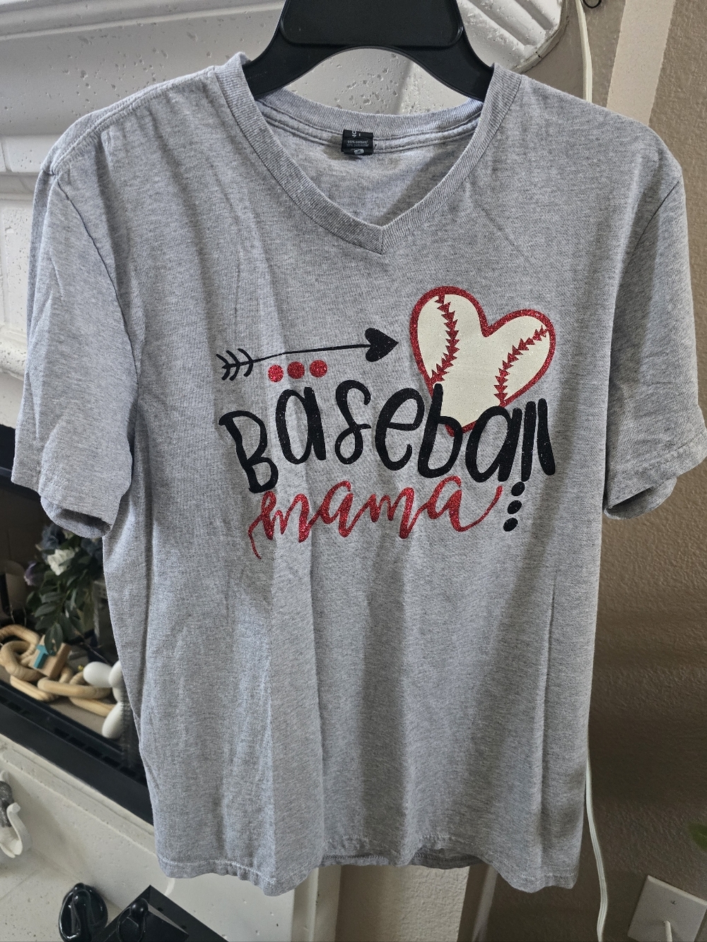 Baseball Mama  V-Neck Tee - Gray 90% Cotton Sz.M